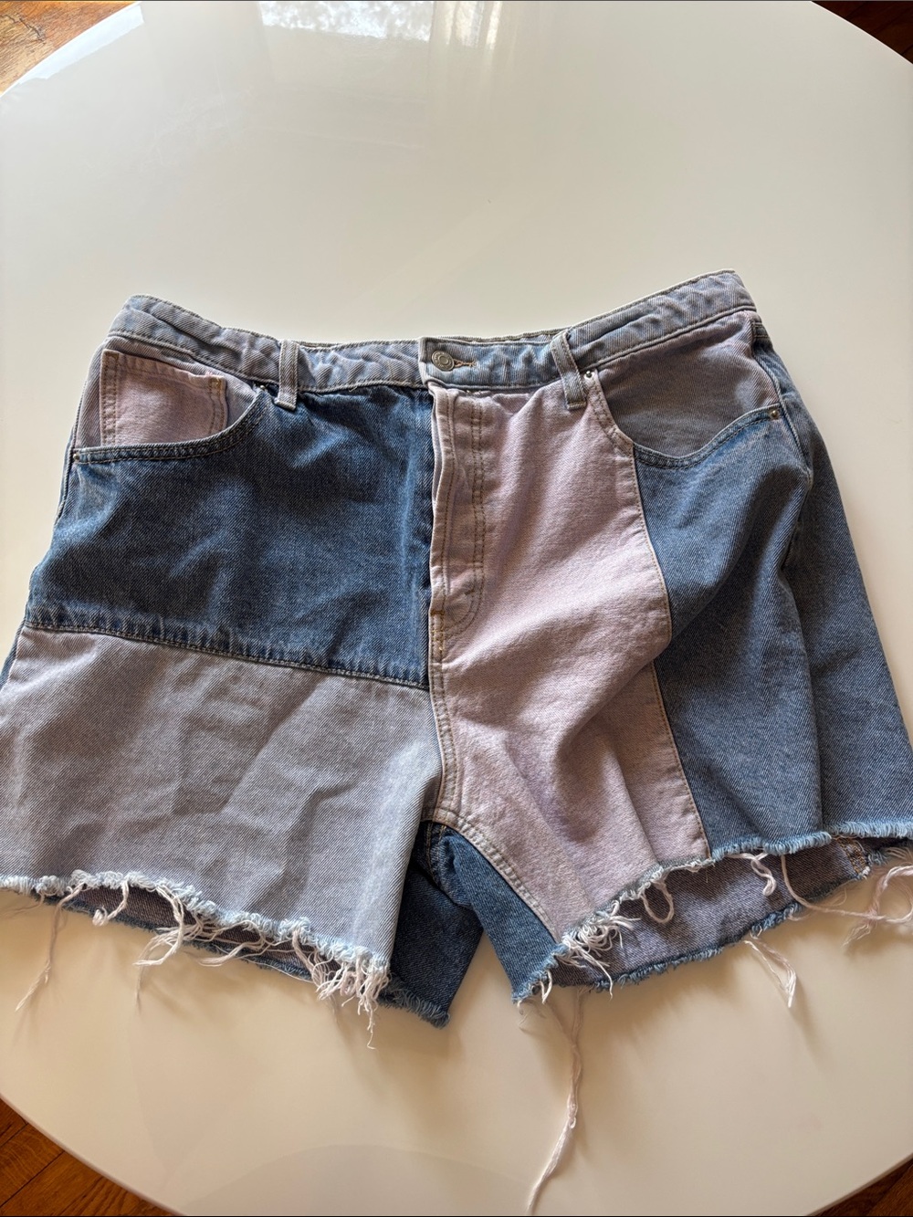 wild fable Patchwork High-Rise Denim Shorts in Blue and Light Pink